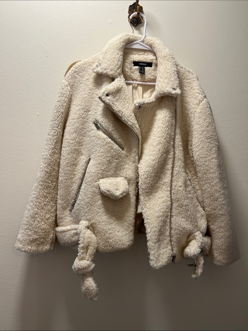 Forever 21 Cream Teddy Sherpa Moto Jacket